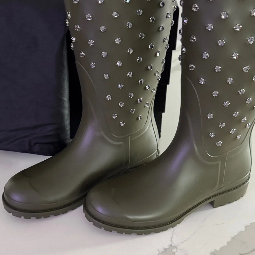 SAINT LAURENT Olive Rubber Crystal Rain Boots EUR 37 US 7